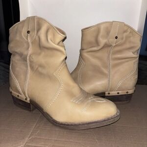 Sundance Women Tan Leather Ankle Boots Side Zip Western Style Size 40